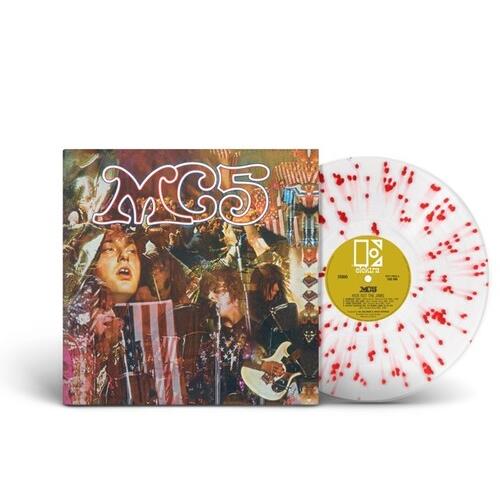Clear vinyl LP with red splatter pattern next to album cover featuring band members and American fla