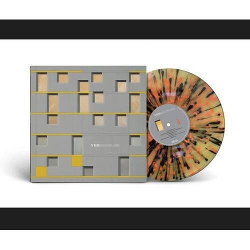 Splatter vinyl LP in yellow, orange, and black with a gray die-cut sleeve