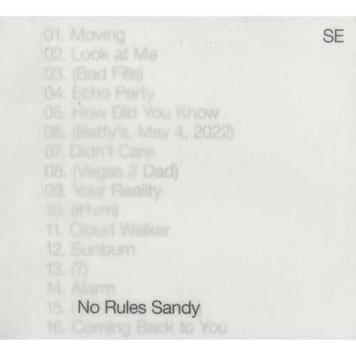 White vinyl record sleeve with a numbered tracklist and the initials SE in the corner