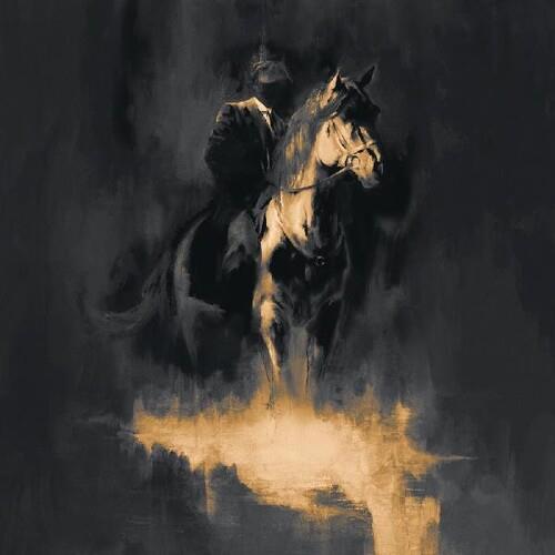 Dark moody illustration of a man in a flat cap riding a horse through mist