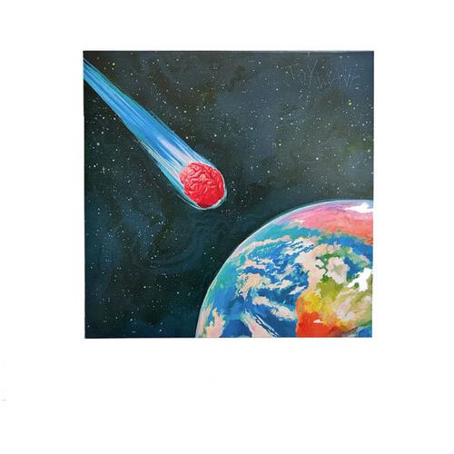 Painted illustration of a red brain with a blue tail streaking toward Earth in space