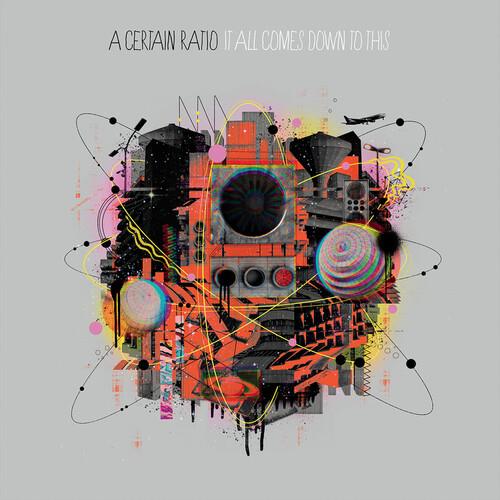 Abstract album cover art featuring a central orange and black mechanical structure with colorful geo