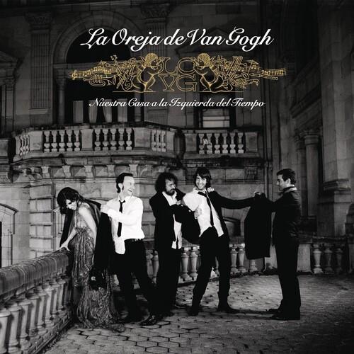 Black and white album cover featuring five band members in formal attire on a stone balcony