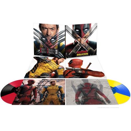 Multicolor vinyl records with Deadpool and Wolverine character artwork on the gatefold sleeve