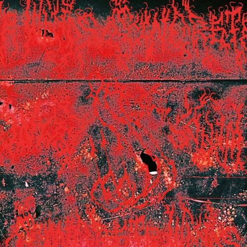 Red and black abstract album cover with splattered paint texture and a central black silhouette