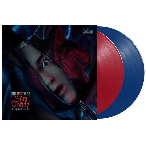 Red and blue vinyl records displayed next to album cover art featuring a face inside a black hood