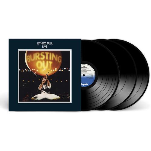 Dark blue album sleeve with a live concert photo on the front and three black vinyl records fanned o