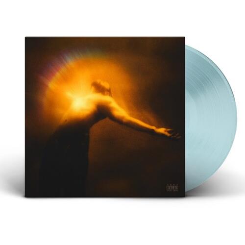 Translucent blue vinyl record partially removed from a black sleeve featuring a glowing orange silho