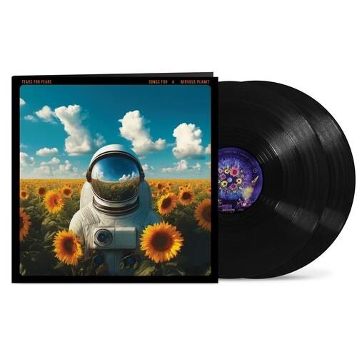 Astronaut in a sunflower field on a vinyl record sleeve with two black discs