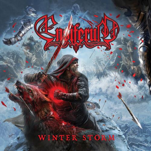 Fantasy album cover art featuring a hooded warrior on a wolf in a snowy battle scene