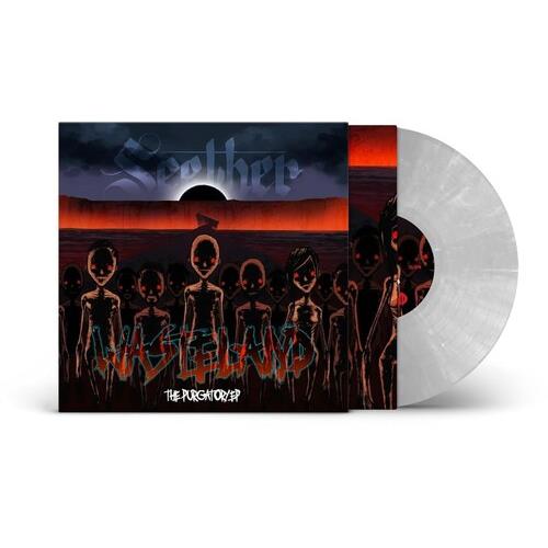 Clear and smoky white swirl vinyl record with illustrated album cover featuring skeletal figures