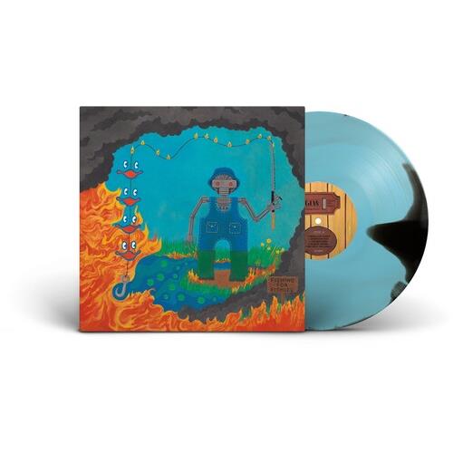 Light blue and black splatter vinyl record next to illustrated album cover featuring a fisherman and