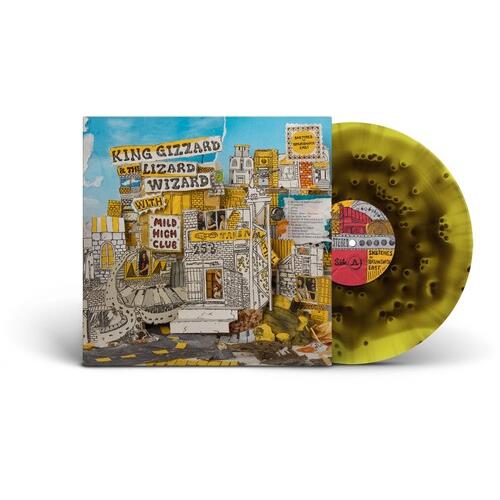Translucent yellow vinyl record with splatter effect next to illustrated album cover
