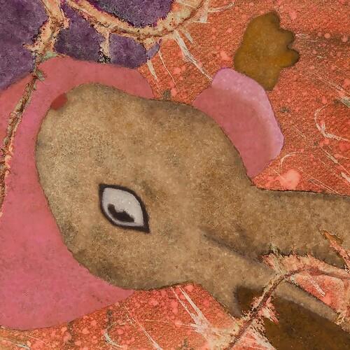 Abstract mixed-media artwork featuring a brown figure with a single eye against a textured red and p