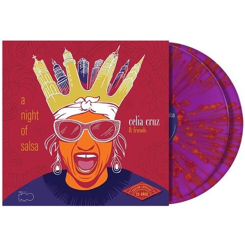 Magenta splatter vinyl LP with illustrated album cover featuring a crowned woman in sunglasses