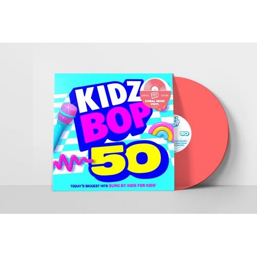 Neon coral vinyl record partially removed from a colorful album sleeve with bold text and a micropho