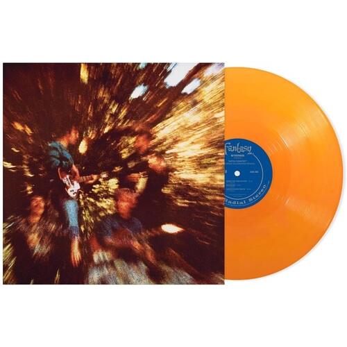 Orange translucent vinyl record with blue center label next to album cover