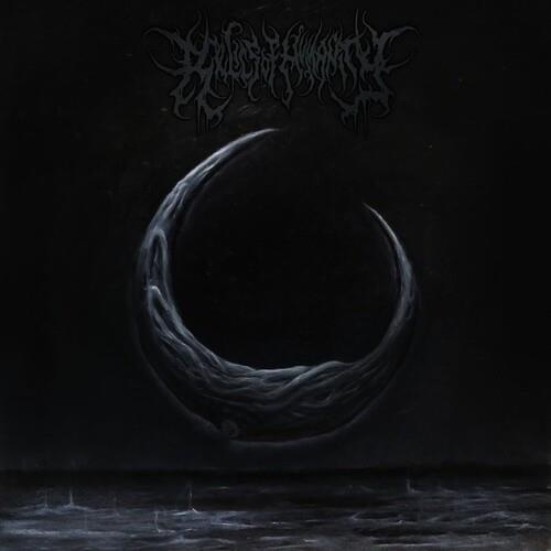 Dark album cover featuring a textured crescent moon over a desolate landscape