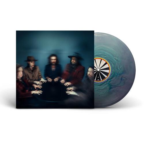 Translucent blue and grey marbled vinyl record with a black and white label next to its album cover