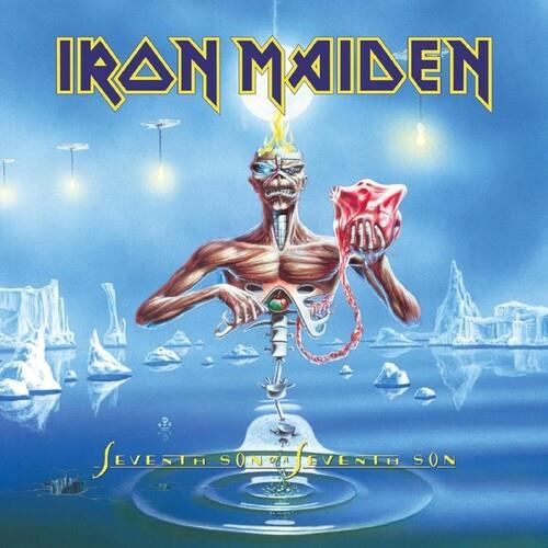 Muscular skeletal figure with exposed brain holding a red heart over icy water