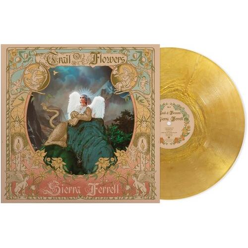 Gold vinyl record with ornate illustrated album cover featuring a winged figure
