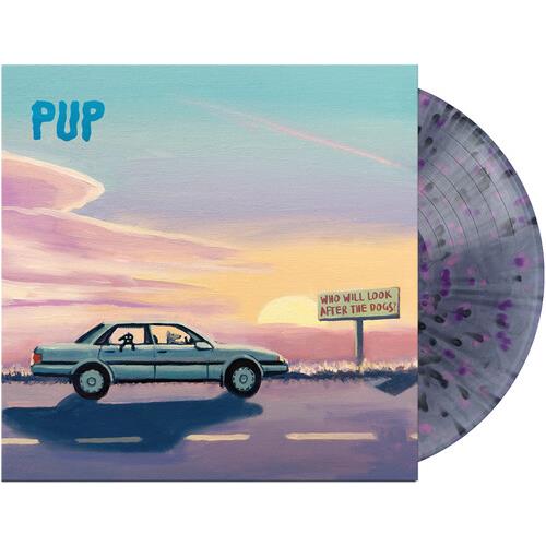 Black smoke vinyl LP with pink and purple splatter next to album cover art