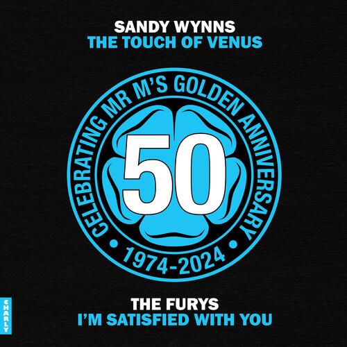 Black vinyl single sleeve with blue circular 50th anniversary logo and white text