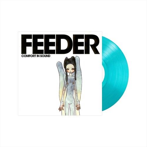 Translucent blue vinyl record partially removed from white album sleeve with illustrated winged figu