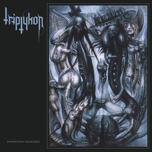 Dark fantasy album cover featuring biomechanical figures and a winged creature in blue and black ton