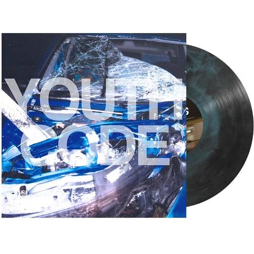 Blue and black marbled vinyl record with album cover featuring shattered glass and bold text