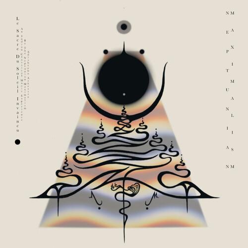 Abstract album cover with a black circle, crescent moon, and swirling lines over a gradient triangle