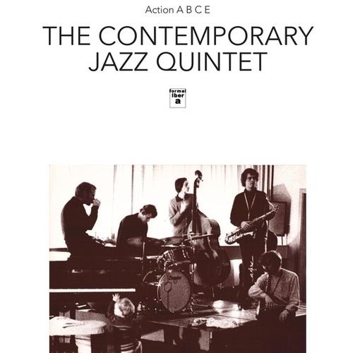 Black and white photo of a jazz quintet performing with piano, drums, bass, and saxophone