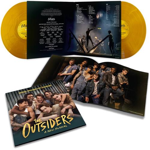Gold vinyl records with open gatefold sleeve showing cast photos and tracklist