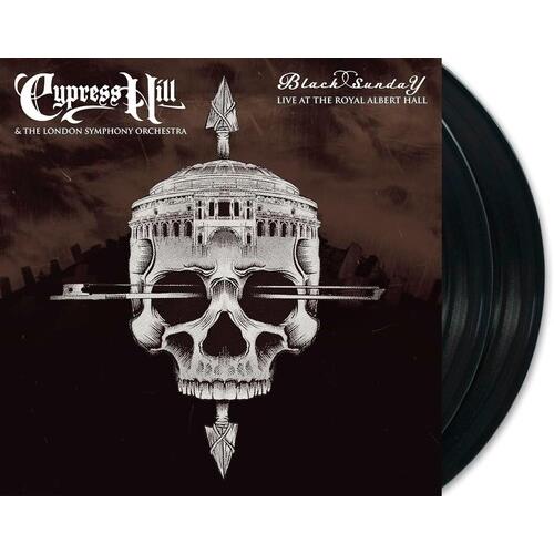 Black vinyl record sleeve featuring a skull with a domed building and a sword through it