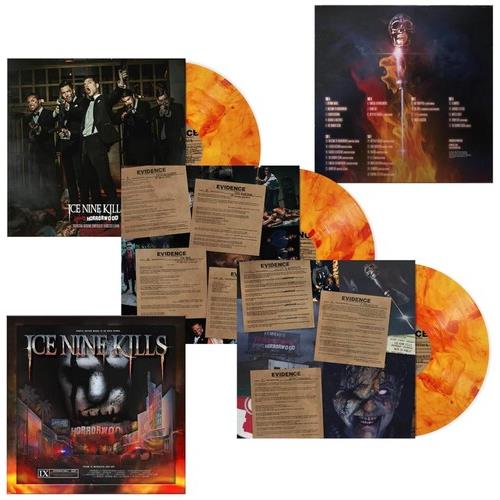 Orange and red splatter vinyl records with horror-themed album artwork and evidence-style inserts