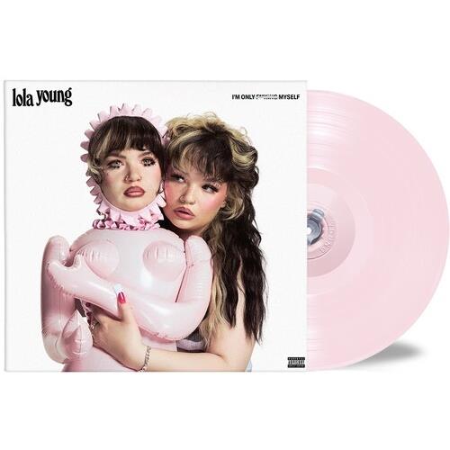 Pink vinyl record with album cover featuring a woman holding a pink inflatable doll