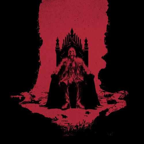 Red and black illustration of a bearded figure seated on a gothic throne
