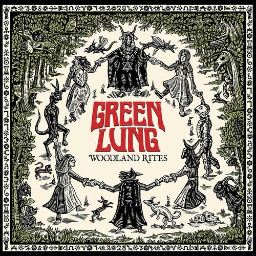 Vinyl LP cover with black and green folk horror illustration of figures in a forest circle
