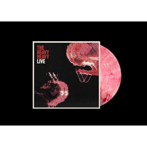 Red marbled vinyl record partially visible beside black album cover with red text and a performer in