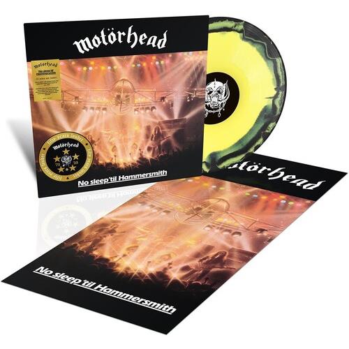 Yellow and black marbled vinyl record with album cover and poster featuring a concert stage scene