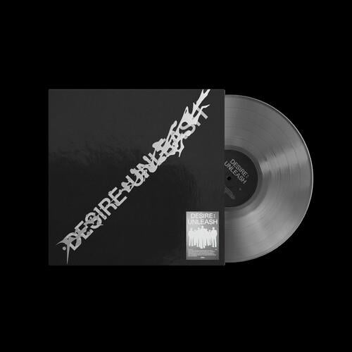 Silver vinyl record partially removed from black sleeve with white diagonal text