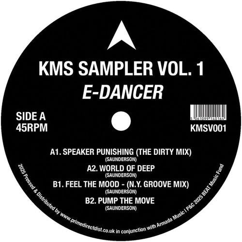 Black vinyl record label with white text listing track titles and artist name