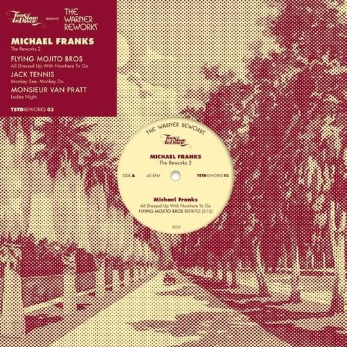 Red and cream vinyl record sleeve featuring a halftone palm tree landscape with a center label