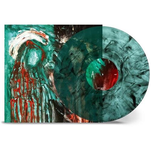 Translucent teal and black smoke marbled vinyl record with abstract painted album cover