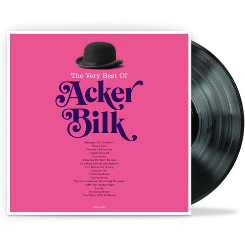 Pink vinyl record sleeve with a black bowler hat graphic and purple typography