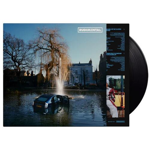 Vinyl LP record sleeve featuring a car submerged in a pond with a fountain and a large house in the