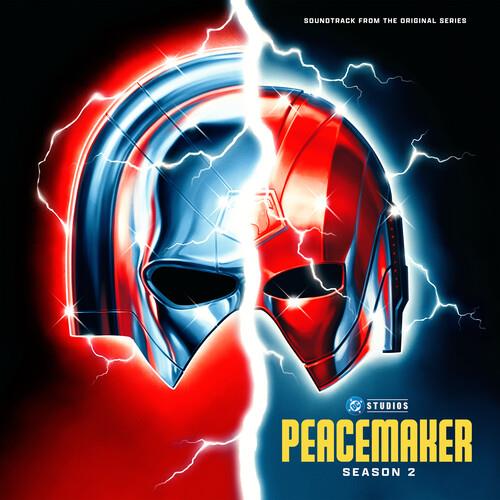 Red and blue metallic helmet split by a lightning bolt on a black background