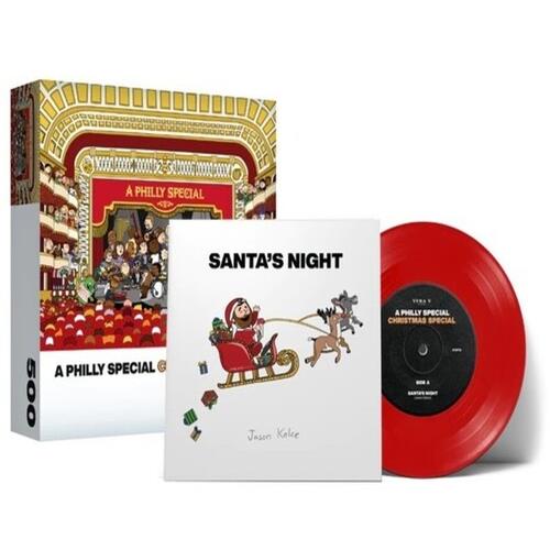 Red vinyl record with illustrated white sleeve and decorative box set