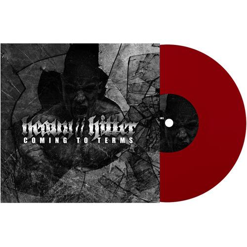 Red vinyl record partially removed from black and white album sleeve featuring a distressed figure