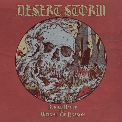 Red vinyl album cover featuring a circular illustration of a skull entwined with tree roots and mush